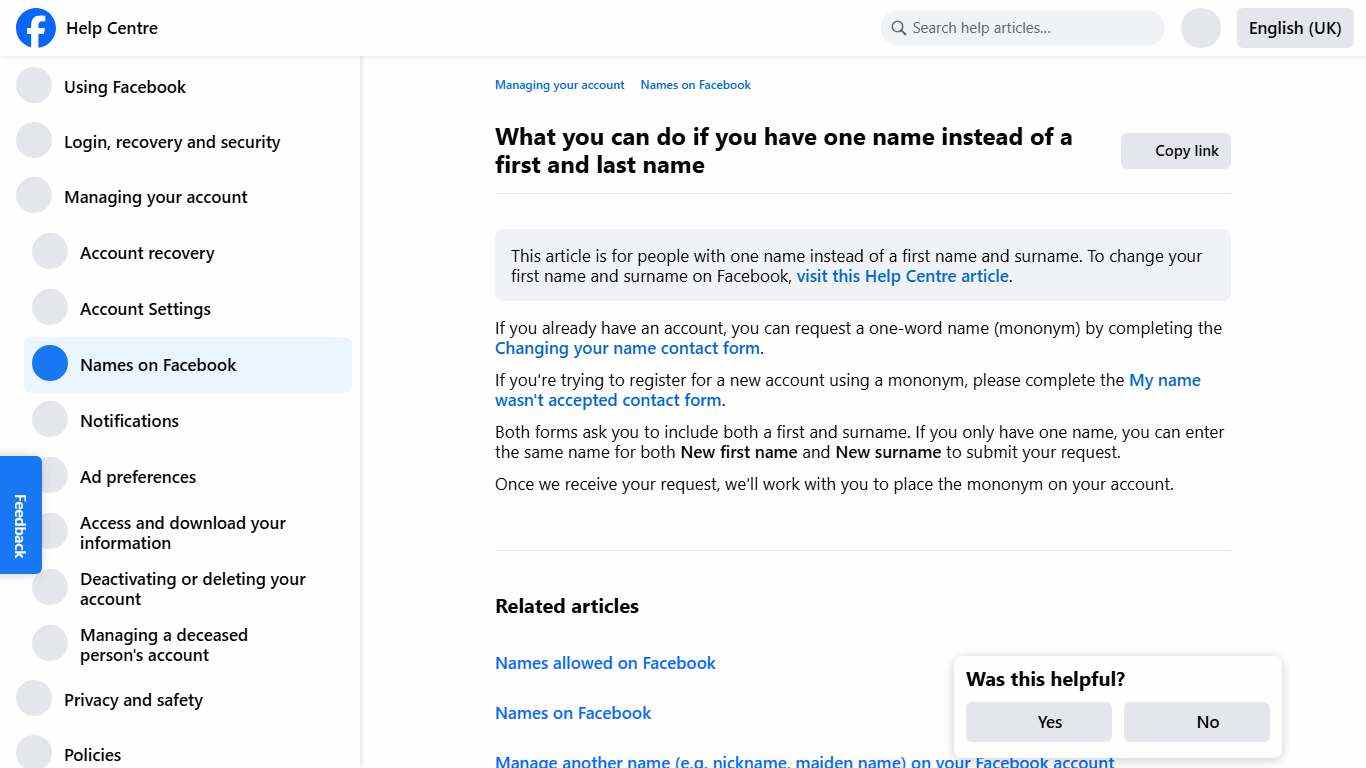 What you can do if you have one name instead of a first and last name Facebook Help Centre